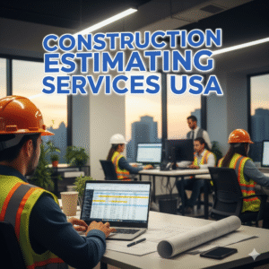 Image depicting construction estimating services in the USA, showcasing tools and professionals at work on a project.