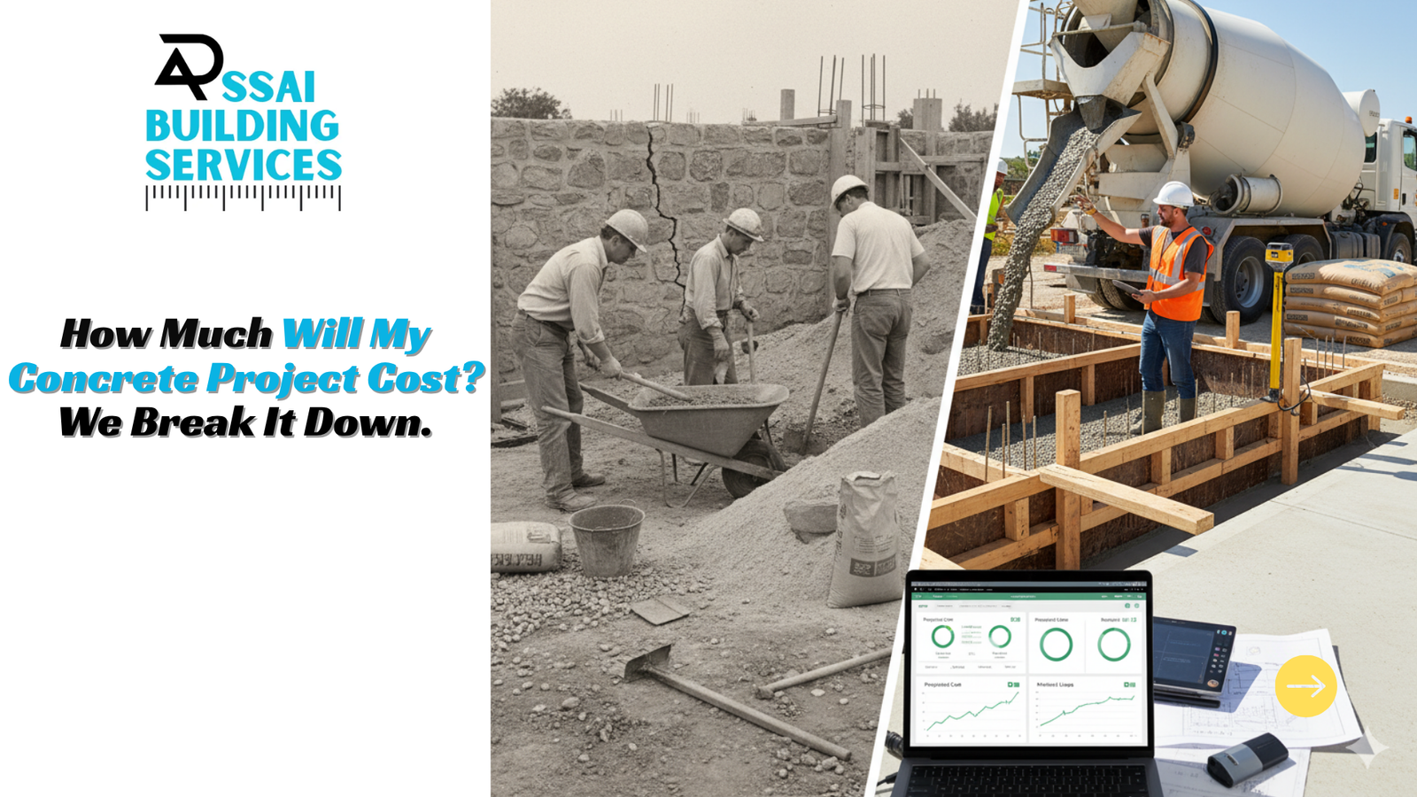 Image depicting a calculator and construction materials, illustrating the cost estimation for a concrete project.